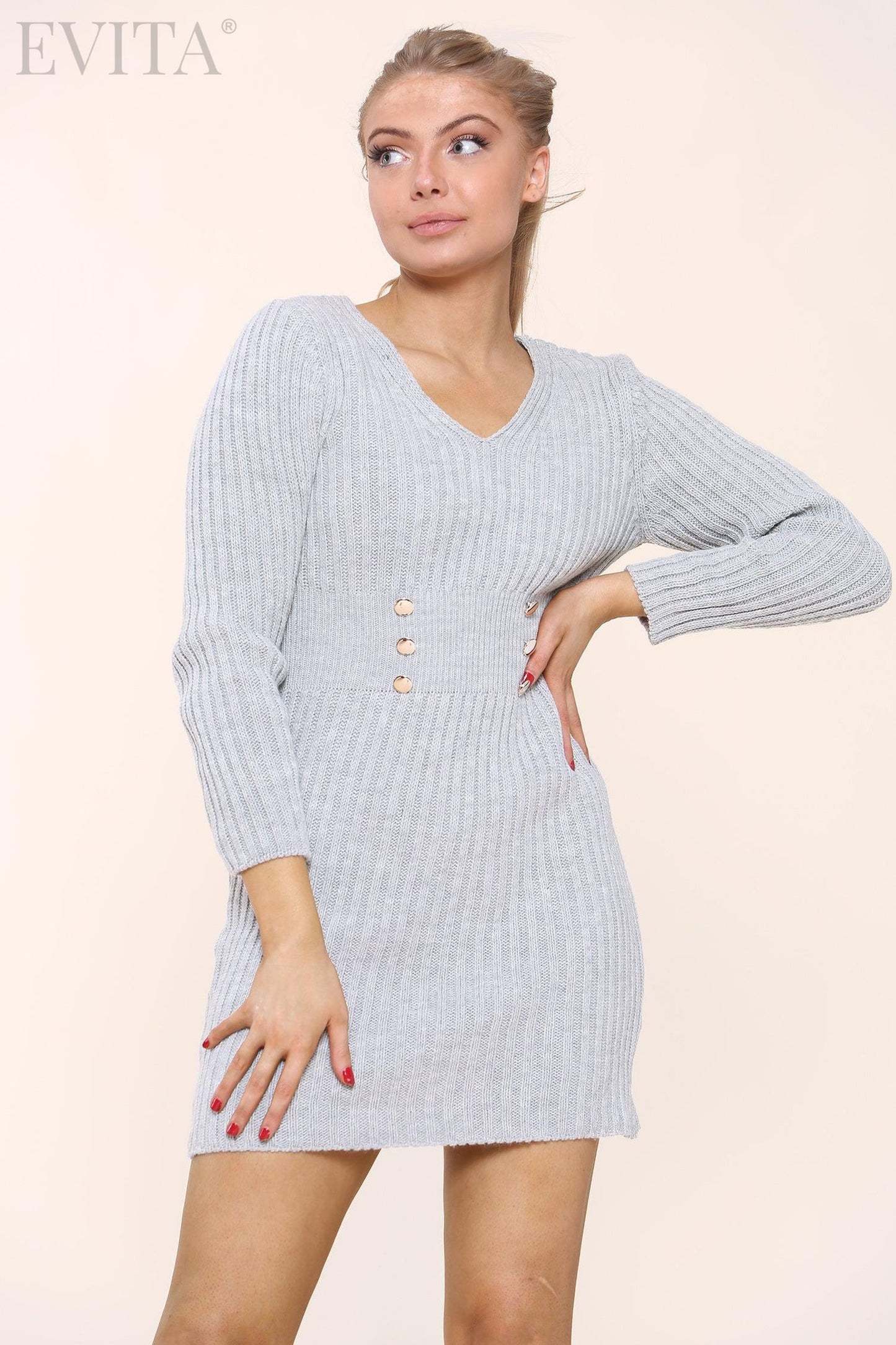 Ribbed Knit Button Detail Jumper Dress