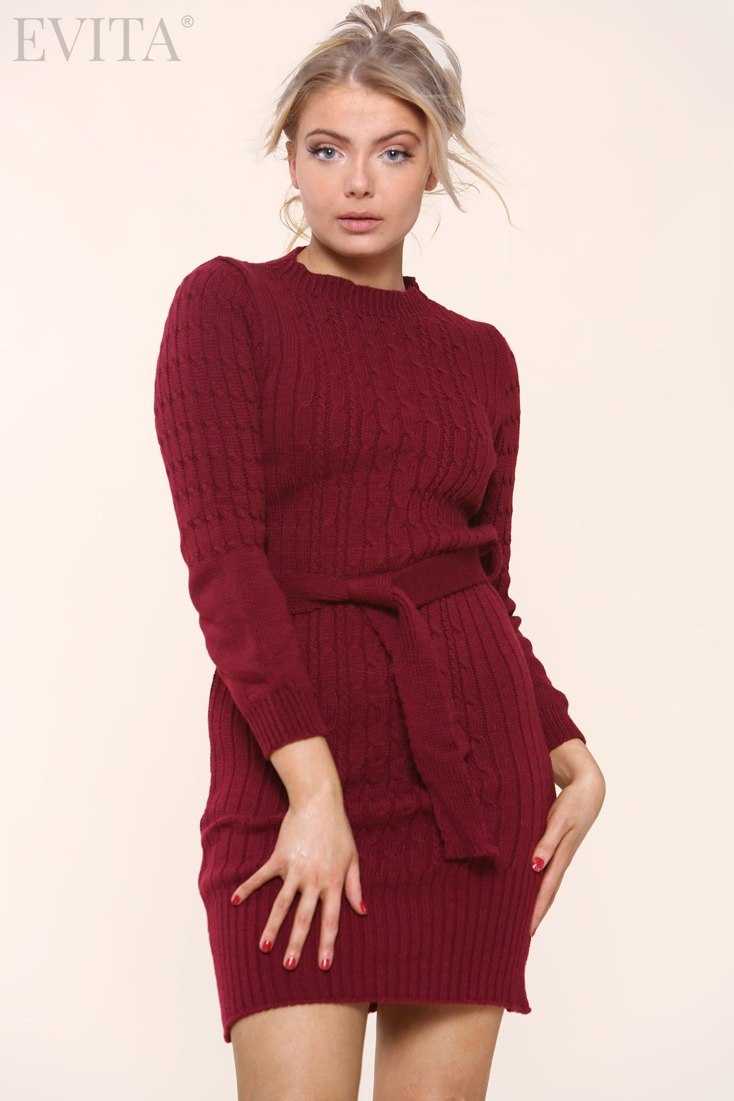 Turtle Neck Fine Cable Knitted Long Sleeve Jumper Dress