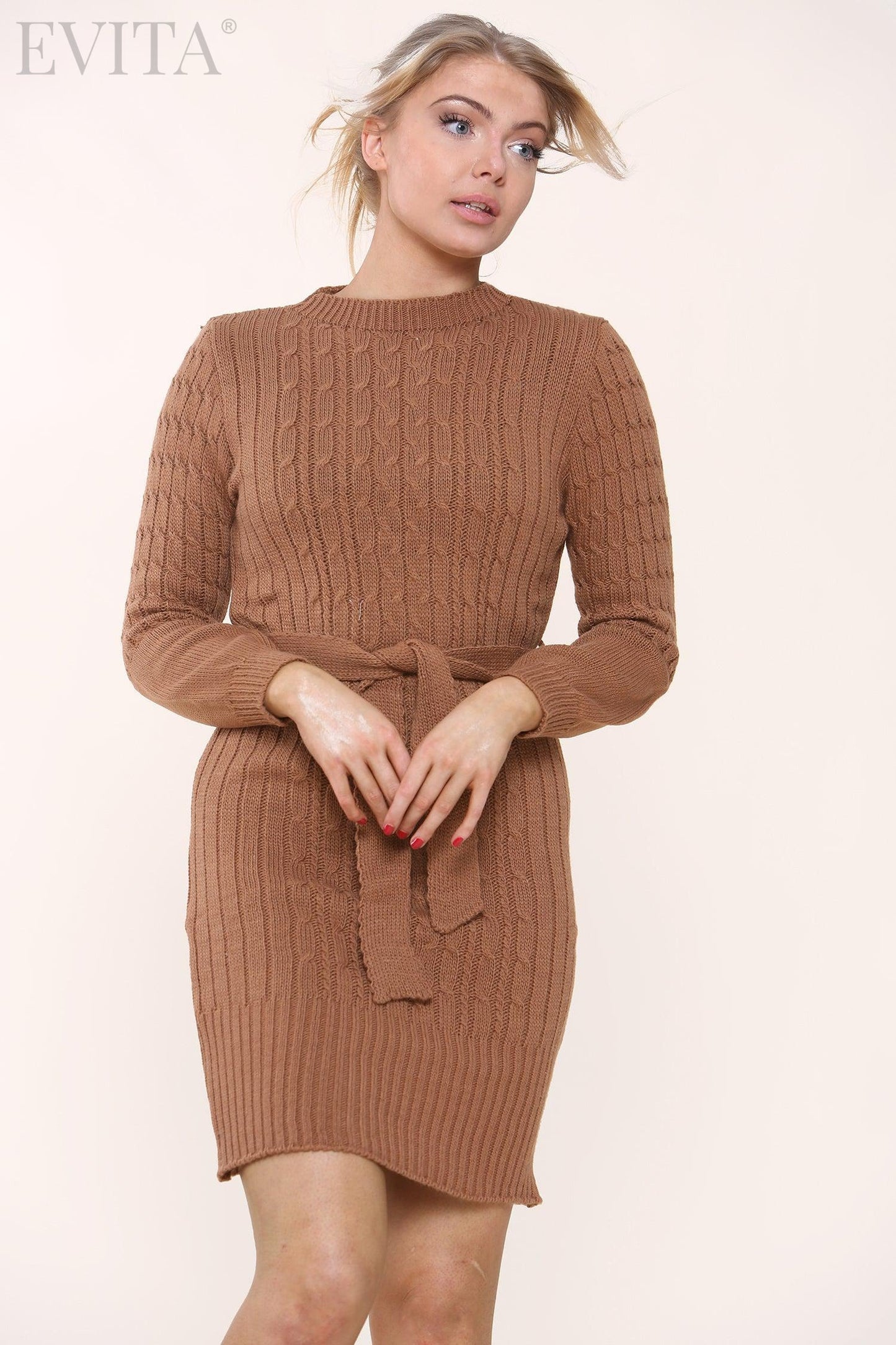 Turtle Neck Fine Cable Knitted Long Sleeve Jumper Dress