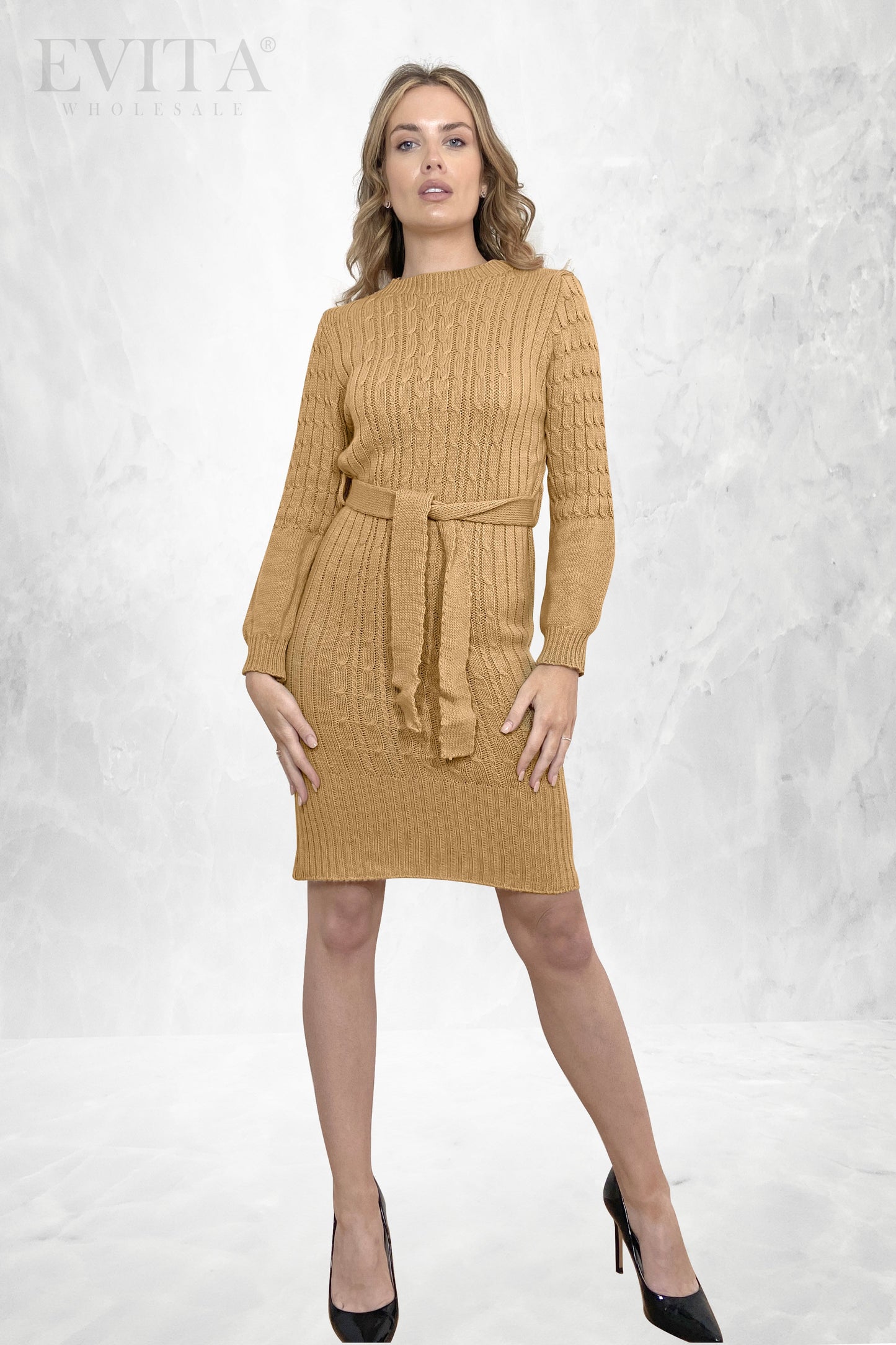 Turtle Neck Fine Cable Knitted Long Sleeve Jumper Dress